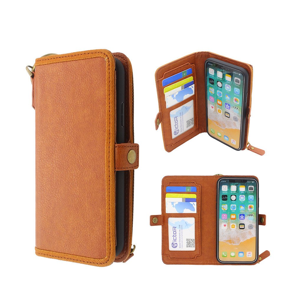 iPhone X Leather Case with Card Holders and Zipper Pocket