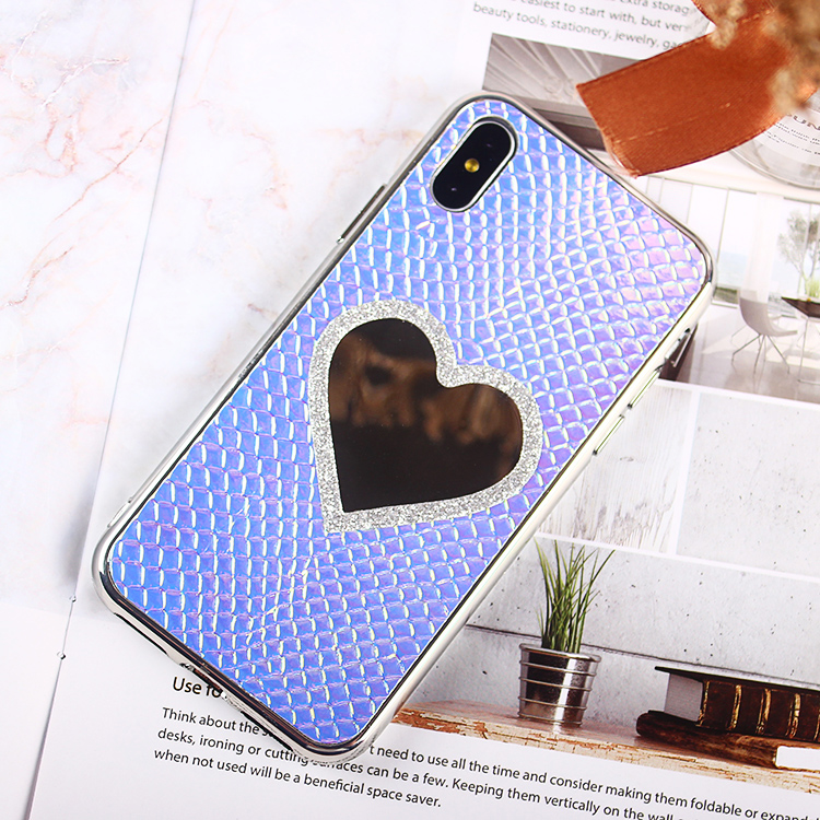 Bling Plating iPhone X Leather Sticker Case With Heart Shape Mirror