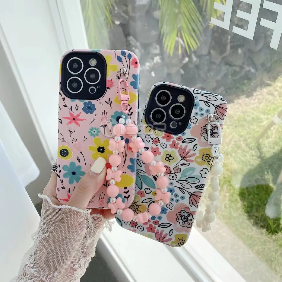 wholesale customized flower phone case  for iphone 14 pro with hand strap bracelet