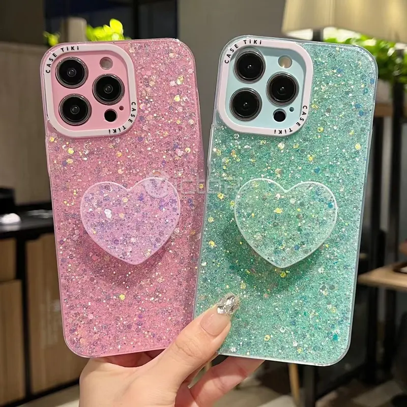 luxury bling sequin phone case for iphone 14 13 12 11 tpu back cover with love heart  kickstand