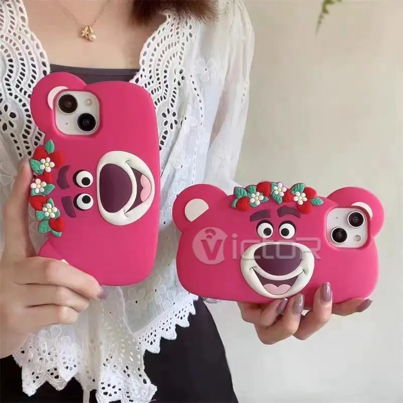 Cute 3d Strawberry bear face Phone case for iPhone 14 pro max