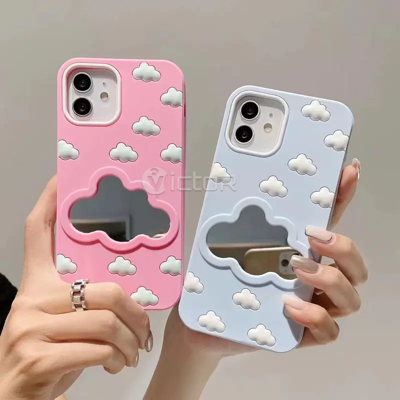 cute cloud phone case for iphone 14 pro 13 12 11 with makeup mirror for girl women