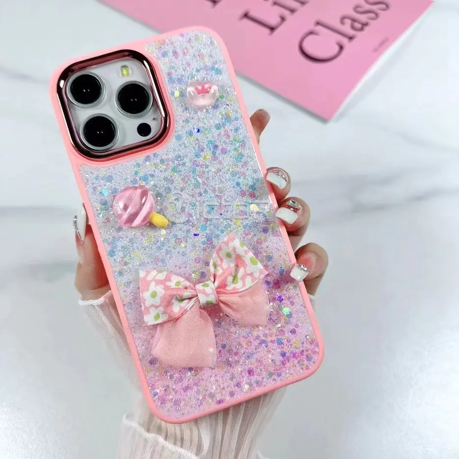 bow tie design glitter phone case for iphone 15 14 13 12 11 custom 3d phone cover