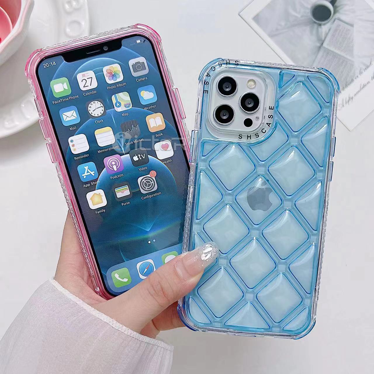 360 protective lozenge pattern tpu phone case for iphone 15 14 13 12 11 transparent back cover