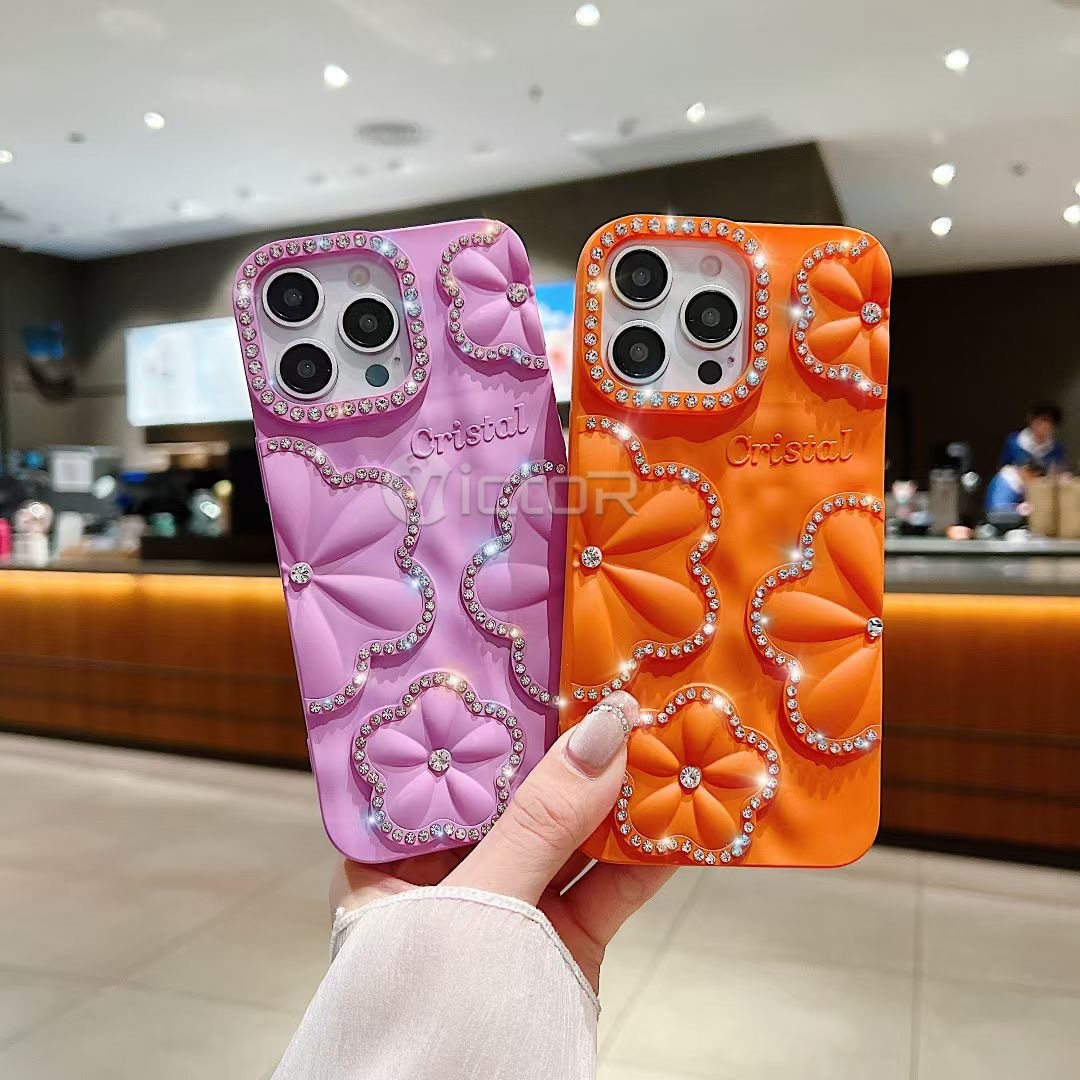 Beautiful diamond bling flower silicone phone case for iphone 16 15 14 13 12 11