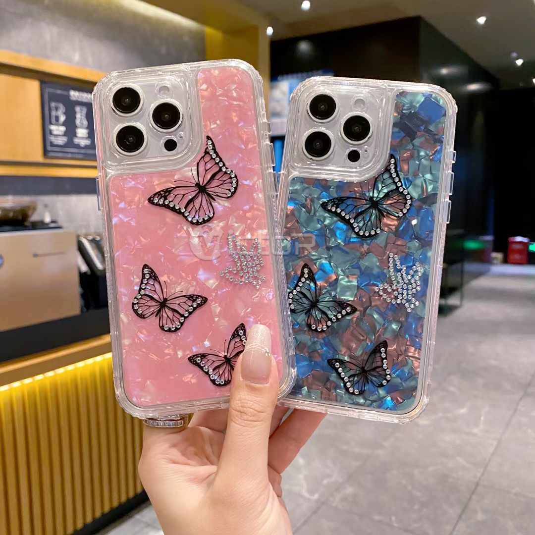 3 in 1 butterfly phone cases for iphone 16 15 14 13 12 11 glitter covers fundas para celures