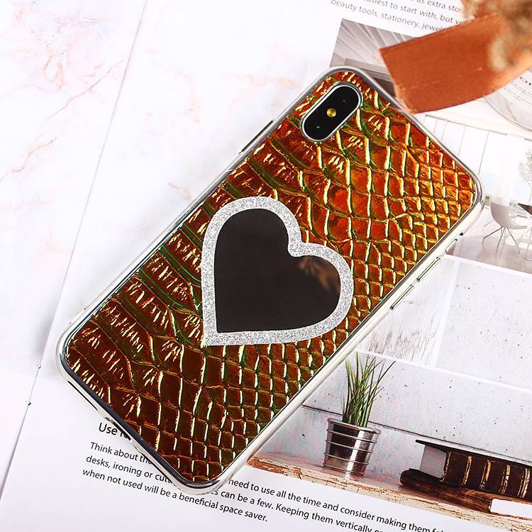Bling Plating iPhone X Leather Sticker Case With Heart Shape Mirror